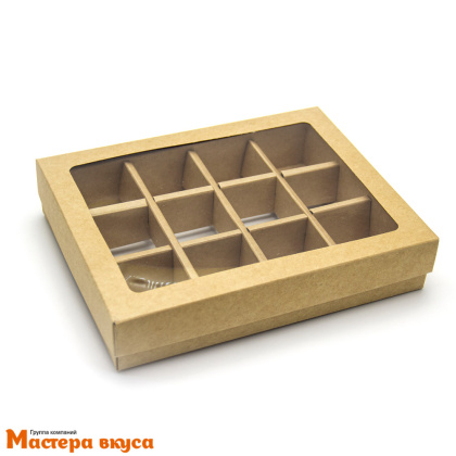 Упаковка для конфет 12 шт с окном (крышка/дно) 190*150*36мм (крафт)