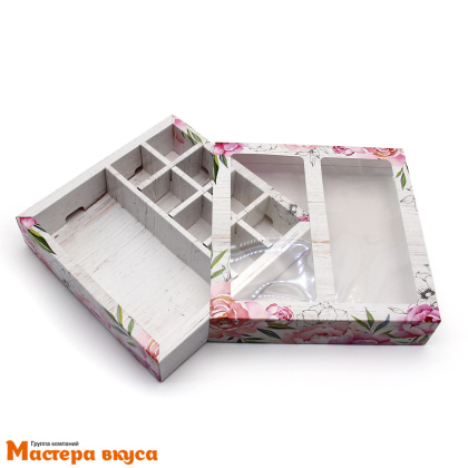 Упаковка для конфет  8 шт и плитки шоколада с обечайкой 177*178,5*38,5мм (Пионы)