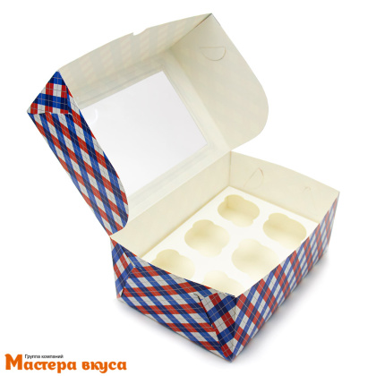 Коробка для  6 капкейков с окном, 250*170*100 мм (клетка красно-синия)
