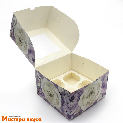 Коробка для  4 капкейков с окном, 160*160*100 мм (Пионы)