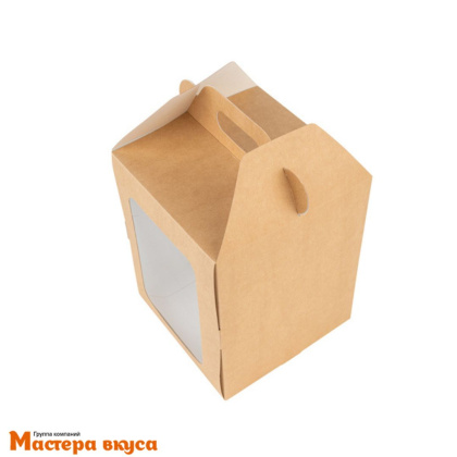 Коробка под кулич и пряничный домик с окном и ручкой, 16*16*20 см (крафт) боковая загрузка, без ложемента