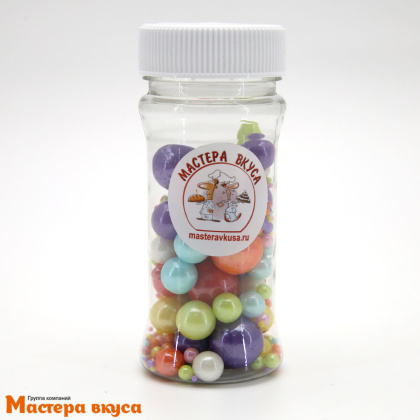 Посыпка Шарики сахарные Жемчуг РАЗНОЦВЕТНЫЙ перламутр (микс d2,3,5,7,10мм), 50гр