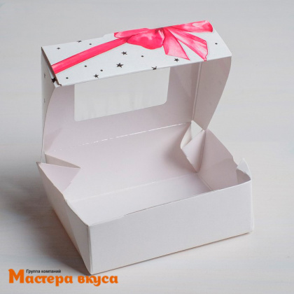 Упаковка для сладостей с окном 10*8*3,5 см "Подарок", розовый бант