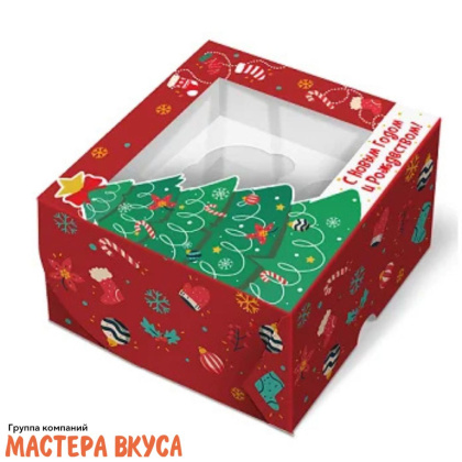 Коробка для  4 капкейков с окном, 160*160*100 мм   (Праздничная ель)