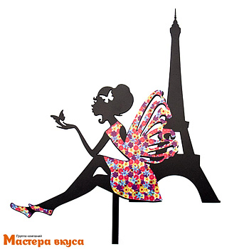 Топпер пластиковый ДЕВУШКА с КРЫЛЬЯМИ, Эйфелева башня, черный силуэт, блеск цветы