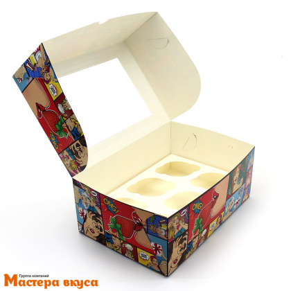 Коробка для  6 капкейков с окном, 250*170*100 мм (Pop-art, клубничка)