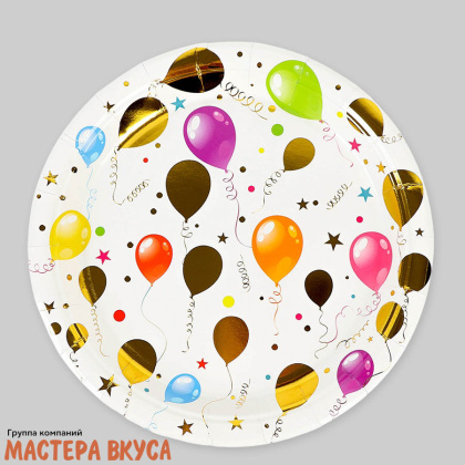 Тарелка бумажная ламинированная "Воздушные шарики на белом", d-18 см, (упак 6 шт)