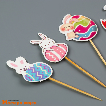 Шпажки "Пасхальные кролики", дерево, 10 см (набор 6 шт)