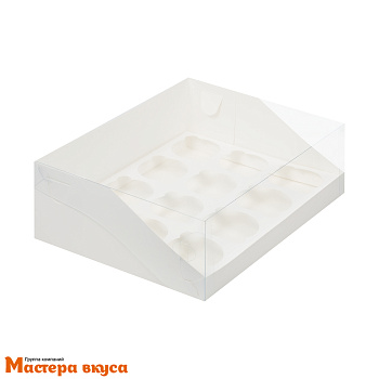 Коробка для 12 капкейков  ПРЕМИУМ с пластиковой крышкой, 310*235*100 мм, (белая) (3-д)