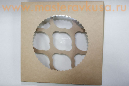 Коробка для  9 капкейков с окном, 250*250*100 мм (крафт), OSQ MUF