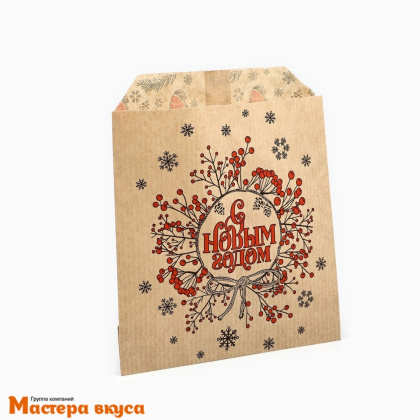 Пакет бумажный 160*140 мм, без окна, V-образное дно, (крафт) "С Новым годом"