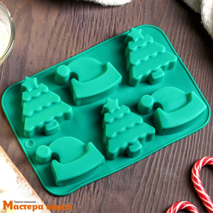 Форма силиконовая ЕЛКА, ДЕД МОРОЗ, (6 ячеек) 25*17*2,5 см 