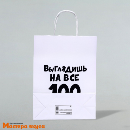 Пакет бумажный с ручками 240*140*280 мм, белый "Выглядишь на все 100"