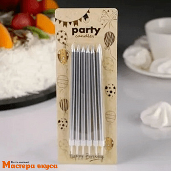 Свечи высокие СЕРЕБРИСТЫЙ МЕТАЛЛИК, (набор 6 шт), h-13см