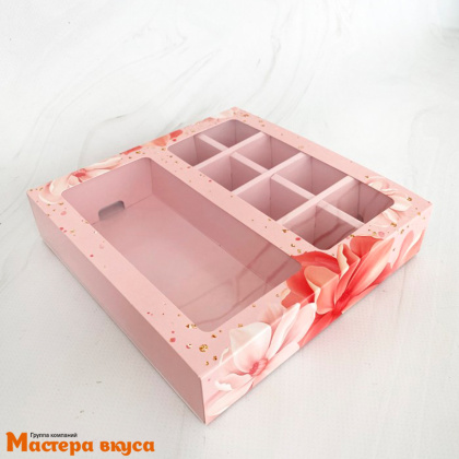 Упаковка для конфет  8 шт и плитки шоколада с обечайкой 177*178,5*38,5мм (Розовые цветы)