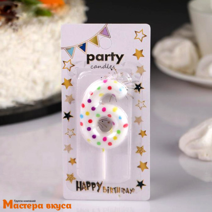 Свеча-цифра "Конфетти" белая в горошек (h-5,5см)  - 6 