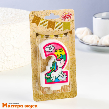 Свеча-цифра  ЕДИНОРОГ розовая - 2  (h-6,5 см)