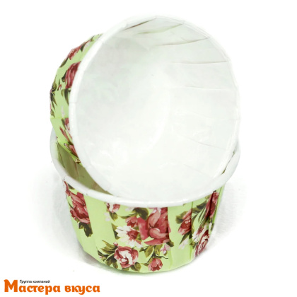 Форма бумажная Маффин 50*40 мм, ламинированная ЗЕЛЕНАЯ С РОЗАМИ