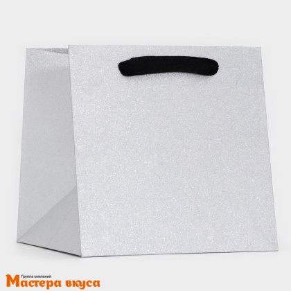 Пакет для торта 200*200*200 мм, с квадратным дном, серебро с глиттером