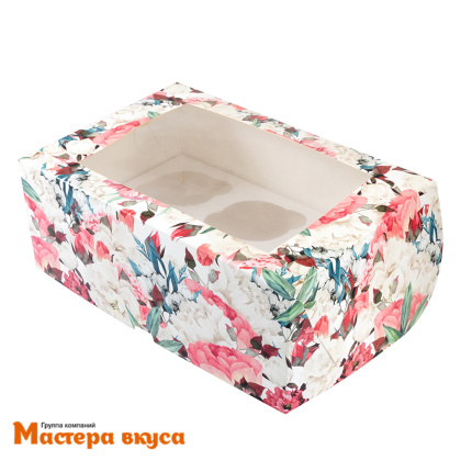 Коробка для  6 капкейков с окном, 250*170*100 мм (Розы)