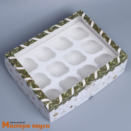 Коробка для 12 капкейков с окном, 250*330*100 мм (С Новым годом, белая с еловыми ветками)