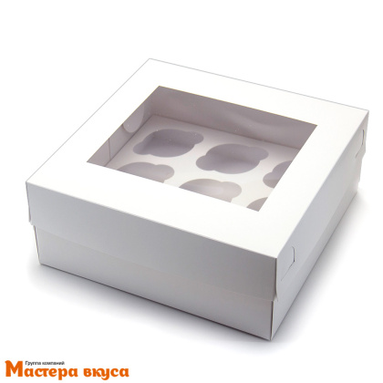 Коробка для  9 капкейков с окном, 250*250*100 мм крышка/дно  (белая)