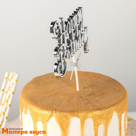 Топпер пластиковый  С Днем Рождения (HAPPY BIRTHDAY), серебро (3D с бантиком), ~17*11 см