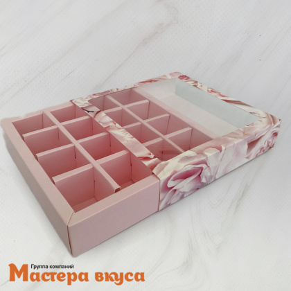 Упаковка для конфет 16 шт с обечайкой с окном 177*177*38мм  (Розовые пионы)