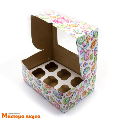 Коробка для  6 капкейков с окном, 250*170*100 мм (Пончики)