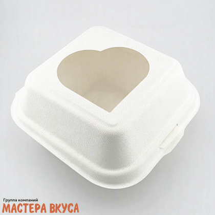 Упаковка для бенто-торта и моти 155*153*80 мм с окном "Сердце", сахарный тростник