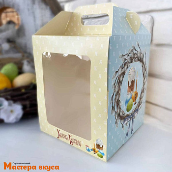 Коробка под кулич и пряничный домик с окном и ручкой, 15*15*18 см (Верба), фронтальная загрузка 