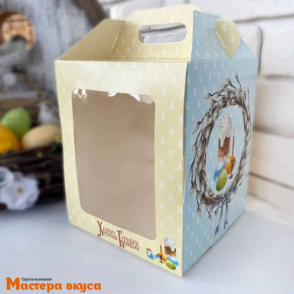 Коробка под кулич и пряничный домик с окном и ручкой, 15*15*18 см (Верба), фронтальная загрузка 