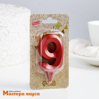 Свеча-цифра "Грань", красный металлик - 9, (h-6,5см)
