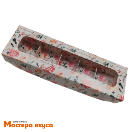 Упаковка для конфет  5 шт с окном (крышка/дно) 235*70*30мм (С праздником/розы) (3-д)