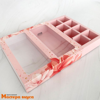 Упаковка для конфет  8 шт и плитки шоколада с обечайкой 177*178,5*38,5мм (Розовые цветы)