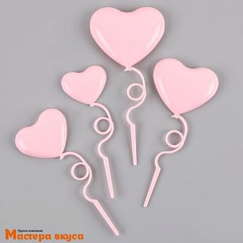 Набор для украшения торта и десертов СЕРДЦА розовые, пластик ( набор 4 шт)