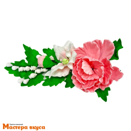 Сахарное украшение букет ПИОН РОЗОВЫЙ С БЕЛОЙ ЛИЛИЕЙ, длина ~20см