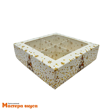 Упаковка для конфет  4 шт с окном (крышка/дно) 126*126*35мм  НГ (Золотые звёзды)