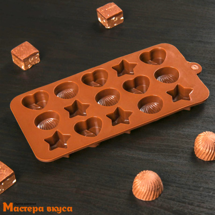 Форма для шоколада силиконовая  АССОРТИ (ЗВЕЗДЫ, РАКУШКИ, СЕРДЦА), (15 ячеек) 20,6*10,3 см