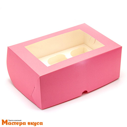 Коробка для  6 капкейков с окном, 250*170*100 мм,  (розовая)