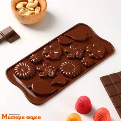 Форма для шоколада силиконовая  ЦВЕТОЧКИ И ЛИСТОЧКИ (Цветение), (12 ячеек) 21*10,5*0,7 см