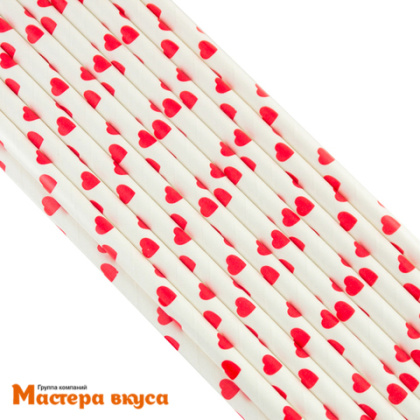 Трубочки бумажные, 20 см (упак 20 шт)  белые "Красные сердечки"