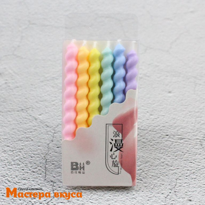 Свечи средние, Спираль ПАСТЕЛЬНЫЕ, (набор 6 шт), h-10 см