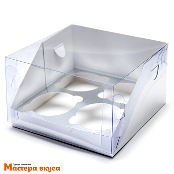 Коробка для  4 капкейков  ПРЕМИУМ с пластиковой крышкой, 160*160*100 мм (серебро) (3-д)