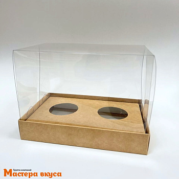 Коробка для  2 капкейков  ПРЕМИУМ с пластиковой крышкой, 160*100*120 мм, (крафт)