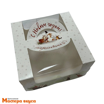 Упаковка для бенто-торта с окном и ручками, 140*140*80 мм  НГ (Новогоднее угощение)
