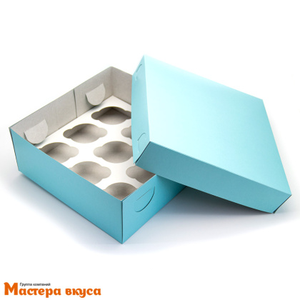 Коробка для  9 капкейков без окна, 250*250*100 мм крышка/дно (голубая)