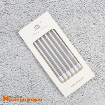 Свечи средние, Металлик СЕРЕБРЯНЫЙ, (набор 6 шт), h-10,5 см