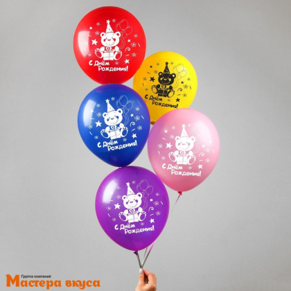 Шары воздушные, латексные "С Днём Рождения" мишка, микс, (набор 5 шт)