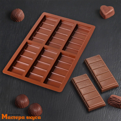 Форма для шоколада силиконовая, плитка КРУПНЫЕ ДОЛЬКИ, (6 ячеек) 26*17 см